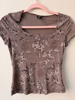 Y2K Brown‎ Floral Mesh Top Fairy Grunge Baby Tee Sheer Stretch Top